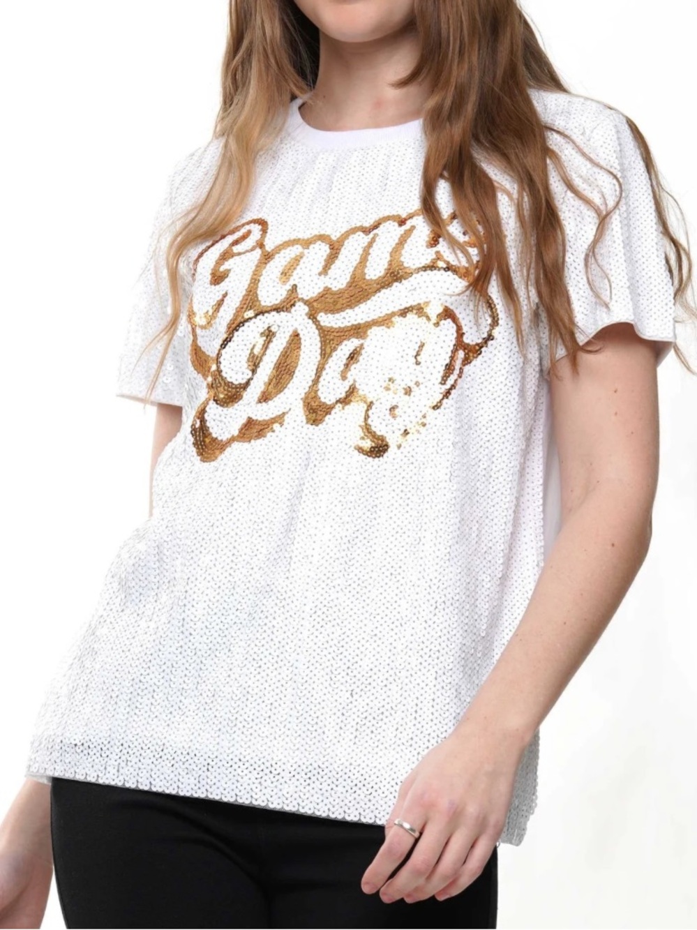 Why Dress Game Day Sequin Top White Gold Varsity Short Sleeve Large NWT
